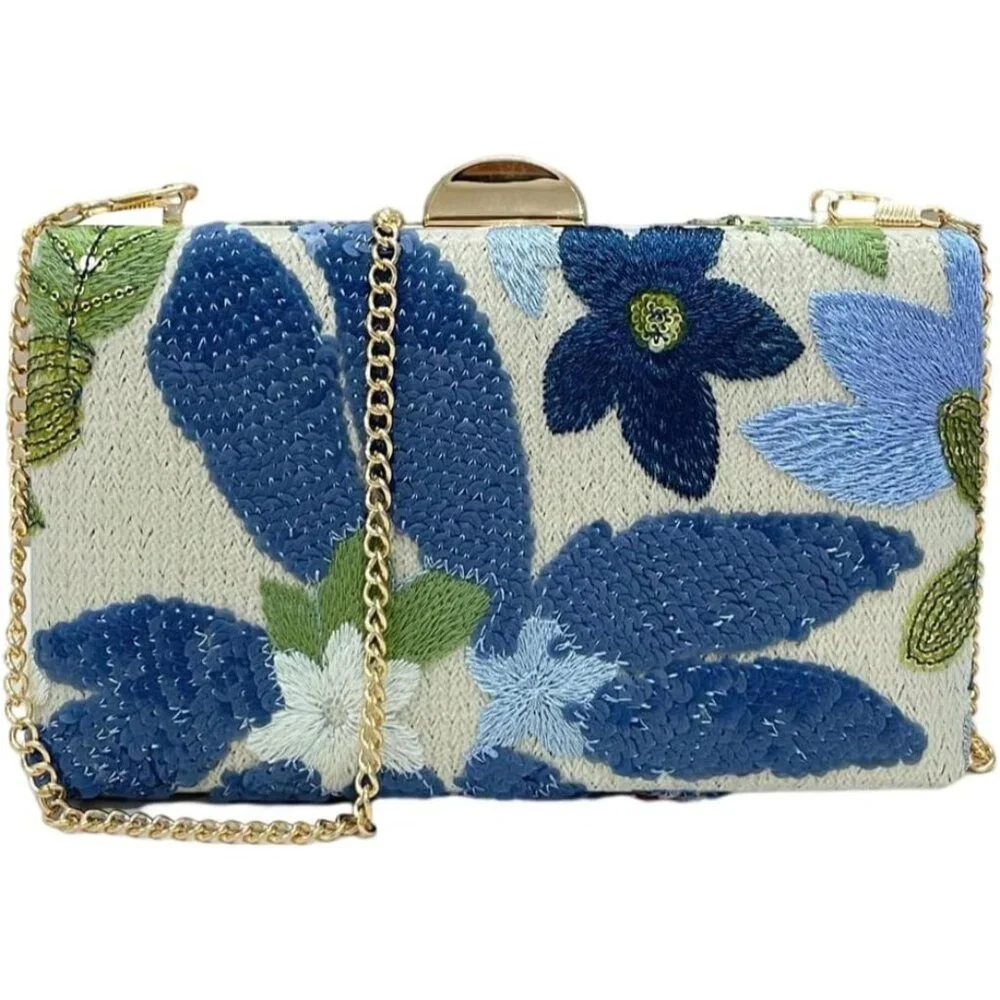 Women's Floral Embroidery Sequin Clutch Mini Handbag Elegant Evening Accessory